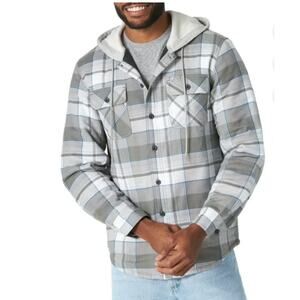 Wrangler Quilted Lined Flannel Shirt Jacket Men’s L Gray Plaid Hoodie NEW